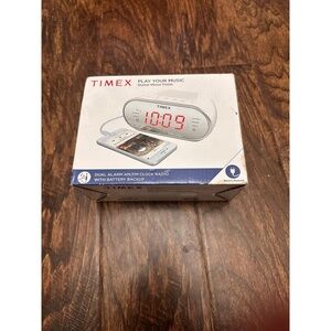 NEW TIMEX Clock Radio White Red LED Mirror Finish Digital Dual Alarm Modern